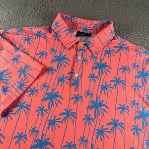 Sunday Swagger Polo Mens 2XL‎ Coral Blue Palm Tree Performance Shirt Flaw